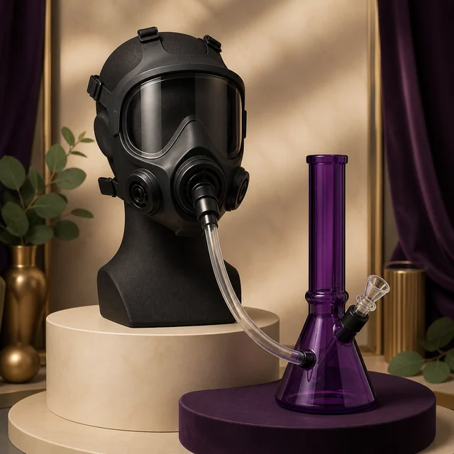 Máscara de gas negra sobre un busto, conectada mediante un tubo transparente a un bong morado situado en un pedestal. Máscara de gas negra sobre un busto, conectada mediante un tubo transparente a un bong morado situado en un pedestal.