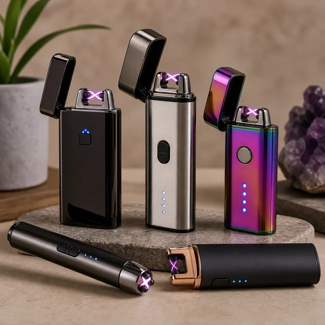 Selección de cinco mecheros de plasma negros, plateados e irisados, abiertos y con arcos violetas visibles, dispuestos sobre piedra. Selección de cinco mecheros de plasma negros, plateados e irisados, abiertos y con arcos violetas visibles, dispuestos sobre piedra.
