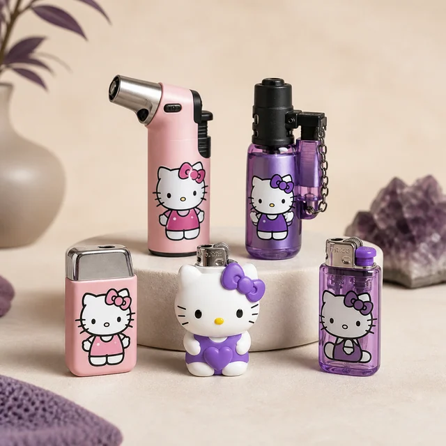Cinco mecheros de distintos formatos con diseños de Hello Kitty en rosa y morado, incluido uno con forma del personaje. Cinco mecheros de distintos formatos con diseños de Hello Kitty en rosa y morado, incluido uno con forma del personaje.