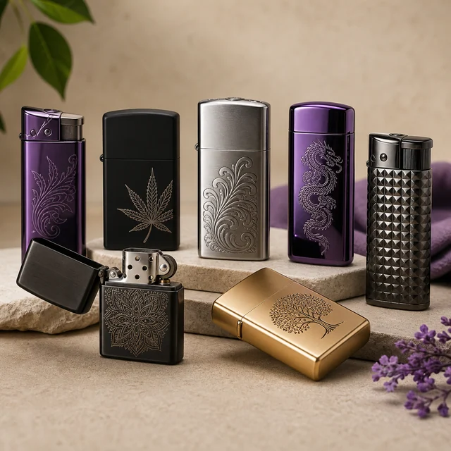 Selección de mecheros de distintos formatos en negro, plateado, dorado y morado, con grabados vegetales, un dragón y relieves. Selección de mecheros de distintos formatos en negro, plateado, dorado y morado, con grabados vegetales, un dragón y relieves.