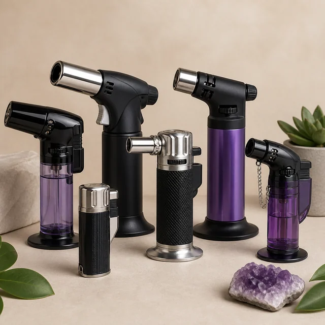Selección de seis mecheros de distintos tamaños y diseños, varios tipo soplete, en negro, morado y acabado plateado. Selección de seis mecheros de distintos tamaños y diseños, varios tipo soplete, en negro, morado y acabado plateado.