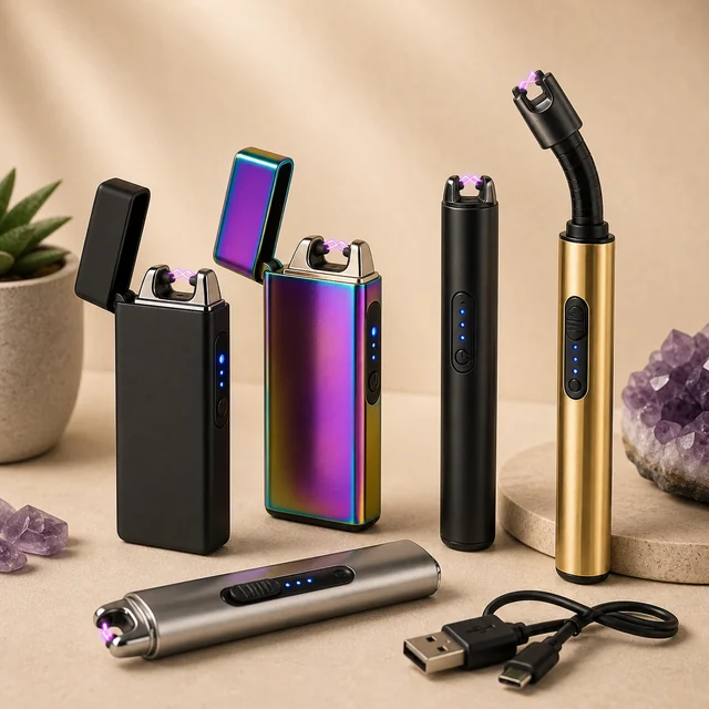 Selección de cinco mecheros eléctricos de distintos formatos y colores, con arcos violetas, indicadores azules y un cable USB. Selección de cinco mecheros eléctricos de distintos formatos y colores, con arcos violetas, indicadores azules y un cable USB.