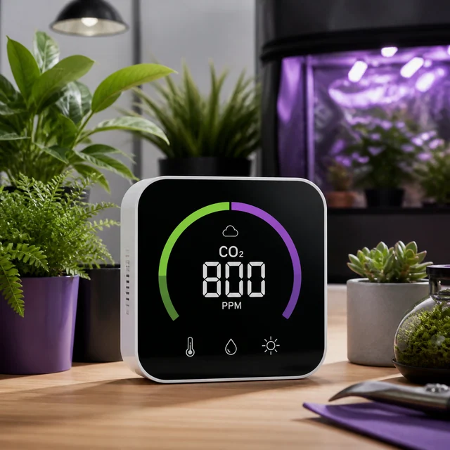 Medidor de CO₂ con pantalla que marca 800 PPM y escala verde y morada, sobre una mesa entre plantas y junto a un armario de cultivo.