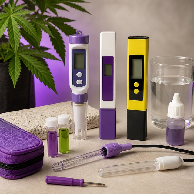 Tres modelos de medidores digitales de pH junto a sondas, frascos de líquidos, un vaso con agua y un estuche morado.