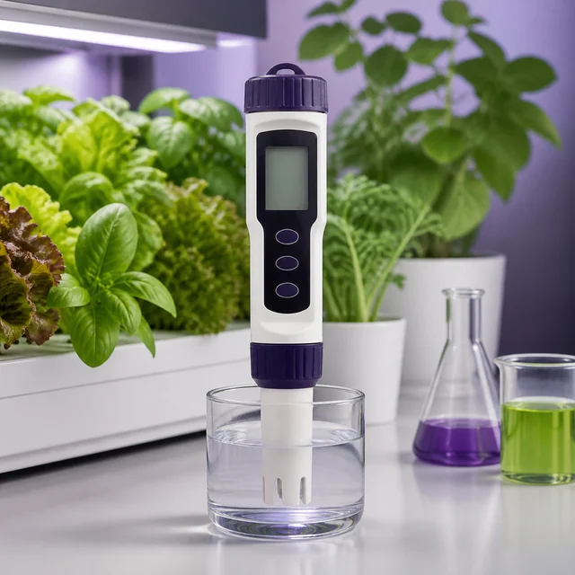Medidor digital de EC con la sonda sumergida en un vaso de agua, junto a plantas y recipientes con líquidos de colores. Medidor digital de EC con la sonda sumergida en un vaso de agua, junto a plantas y recipientes con líquidos de colores.