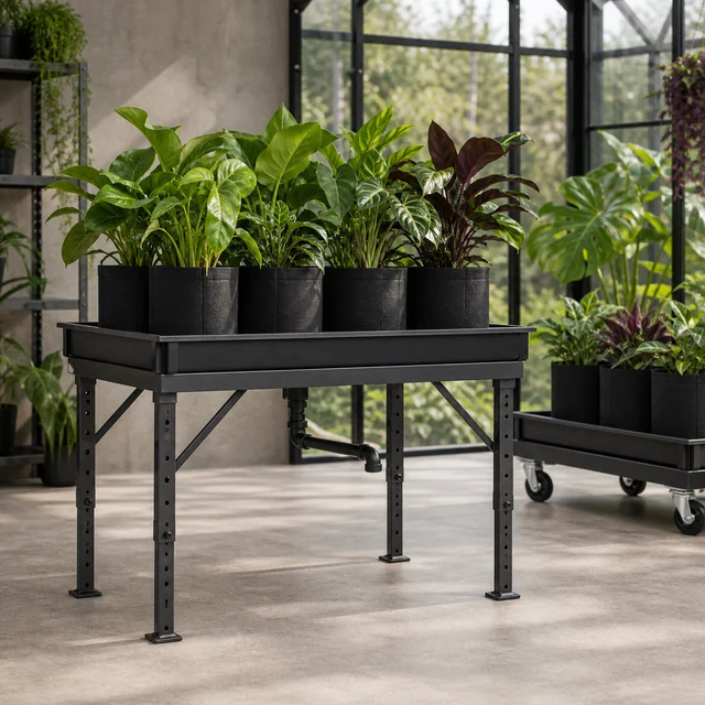Mesa de cultivo negra con macetas y desagüe inferior, junto a otra bandeja con ruedas y plantas en un interior acristalado.