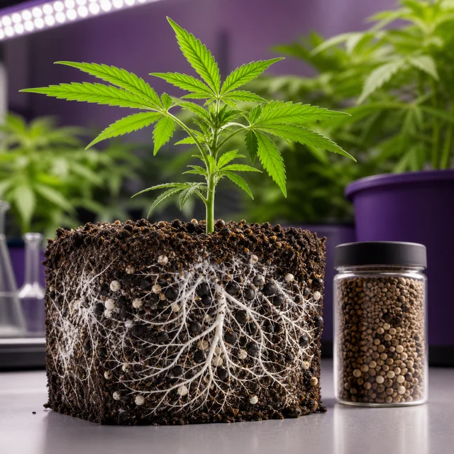 Planta joven de cannabis con raíces blancas expuestas en un bloque de sustrato, junto a un frasco de gránulos y macetas al fondo. Planta joven de cannabis con raíces blancas expuestas en un bloque de sustrato, junto a un frasco de gránulos y macetas al fondo.