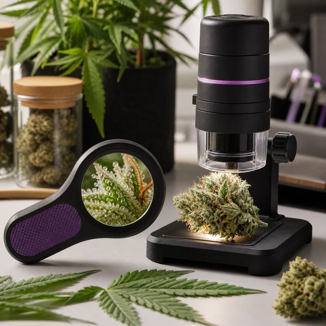 Microscopio sobre un cogollo de cannabis y lupa que muestra detalles de una hoja, con frascos y hojas alrededor. Microscopio sobre un cogollo de cannabis y lupa que muestra detalles de una hoja, con frascos y hojas alrededor.