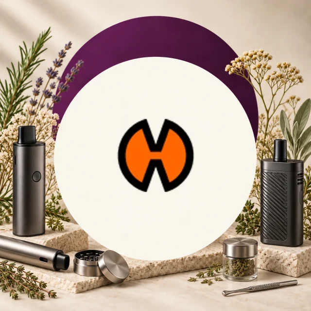 Vaporizadores de distintos formatos junto a un triturador, un tarro con hierba y un utensilio, alrededor de un símbolo naranja y negro. Vaporizadores de distintos formatos junto a un triturador, un tarro con hierba y un utensilio, alrededor de un símbolo naranja y negro.