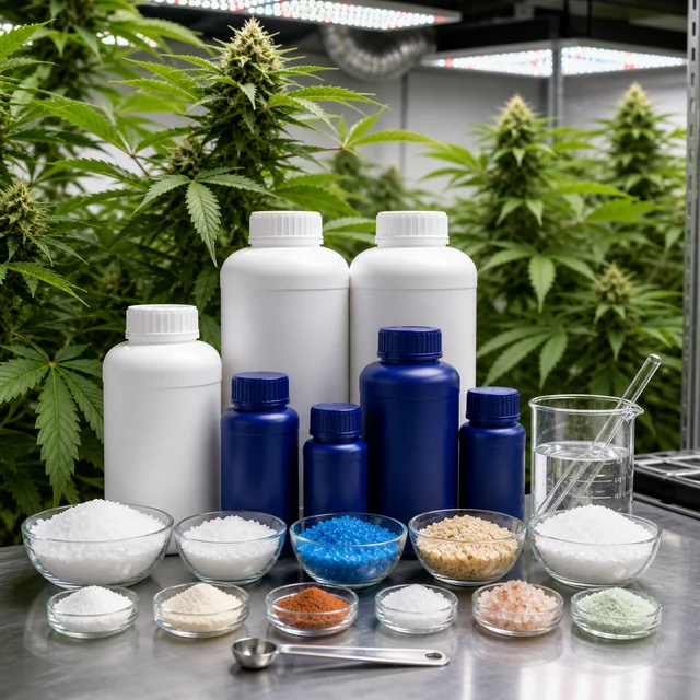 Botes blancos y azules junto a cuencos con gránulos y polvos de distintos colores, con plantas de cannabis al fondo. Botes blancos y azules junto a cuencos con gránulos y polvos de distintos colores, con plantas de cannabis al fondo.