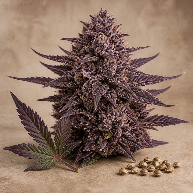 Cogollo de cannabis con abundantes hojas moradas y superficie cubierta de pequeños puntos claros, junto a varias semillas sobre fondo beige. Cogollo de cannabis con abundantes hojas moradas y superficie cubierta de pequeños puntos claros, junto a varias semillas sobre fondo beige.