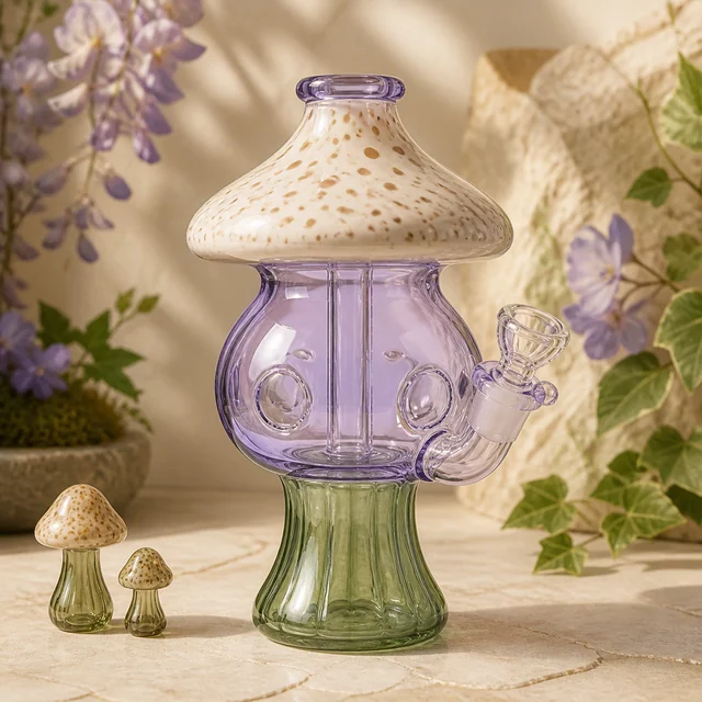 Bong con forma de seta, cuerpo transparente lila, base verde y sombrero crema moteado, junto a dos pequeñas setas decorativas.