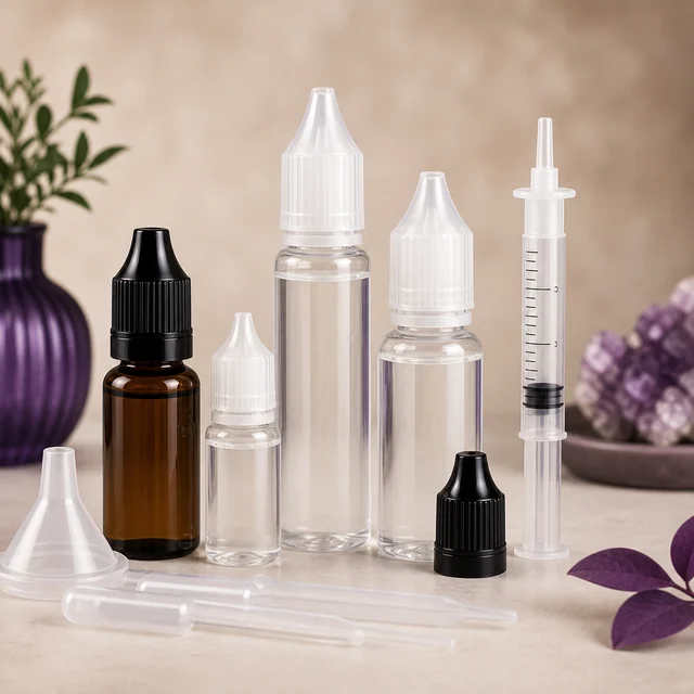 Selección de frascos cuentagotas transparentes y ámbar de distintos tamaños, con una jeringa, pipetas y un pequeño embudo. Selección de frascos cuentagotas transparentes y ámbar de distintos tamaños, con una jeringa, pipetas y un pequeño embudo.
