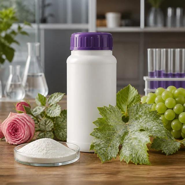 Bote blanco sin etiqueta con tapa morada, polvo blanco en un recipiente y hojas con manchas blanquecinas, junto a uvas y una rosa. Bote blanco sin etiqueta con tapa morada, polvo blanco en un recipiente y hojas con manchas blanquecinas, junto a uvas y una rosa.