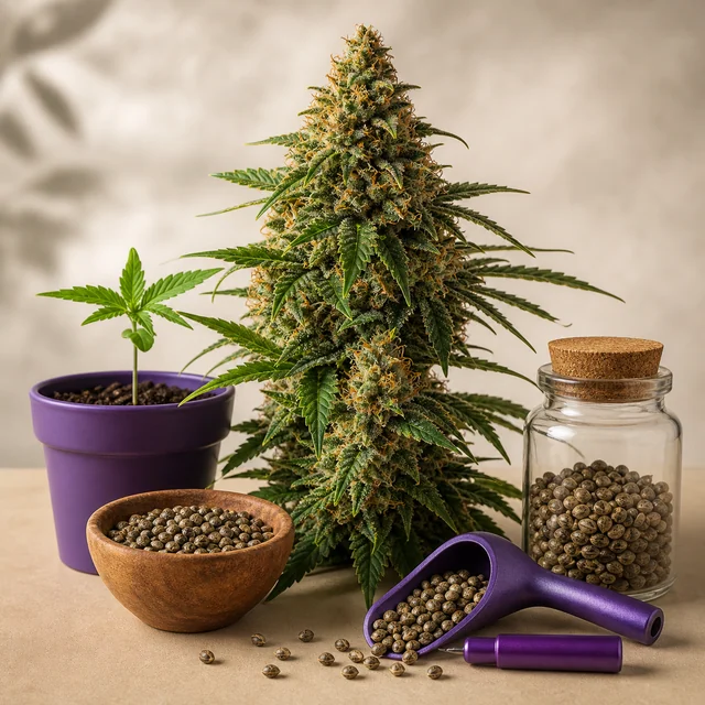 Planta de cannabis con cogollos junto a una plántula en maceta morada, un cuenco, un tarro y una pala con semillas. Planta de cannabis con cogollos junto a una plántula en maceta morada, un cuenco, un tarro y una pala con semillas.