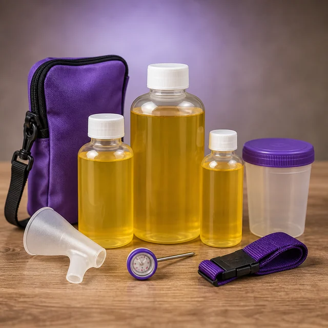 Tres botellas transparentes con líquido amarillo, un estuche morado, un recipiente con tapa, un embudo, un termómetro y una cinta. Tres botellas transparentes con líquido amarillo, un estuche morado, un recipiente con tapa, un embudo, un termómetro y una cinta.