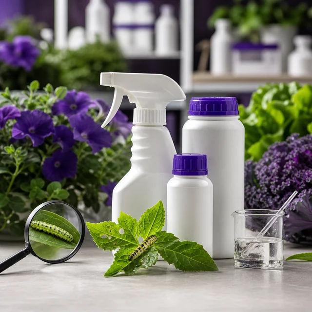 Pulverizador blanco y botes con tapones morados junto a hojas con una oruga, una lupa con otra oruga y un vaso con pipeta. Pulverizador blanco y botes con tapones morados junto a hojas con una oruga, una lupa con otra oruga y un vaso con pipeta.