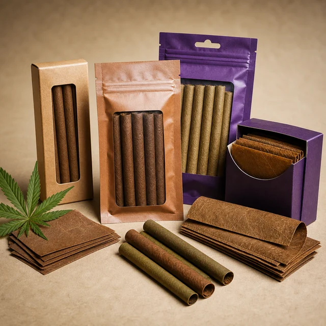 Selección de hojas marrones y envolturas enrolladas para blunts, con paquetes de ventana transparente y una caja morada abierta. Selección de hojas marrones y envolturas enrolladas para blunts, con paquetes de ventana transparente y una caja morada abierta.