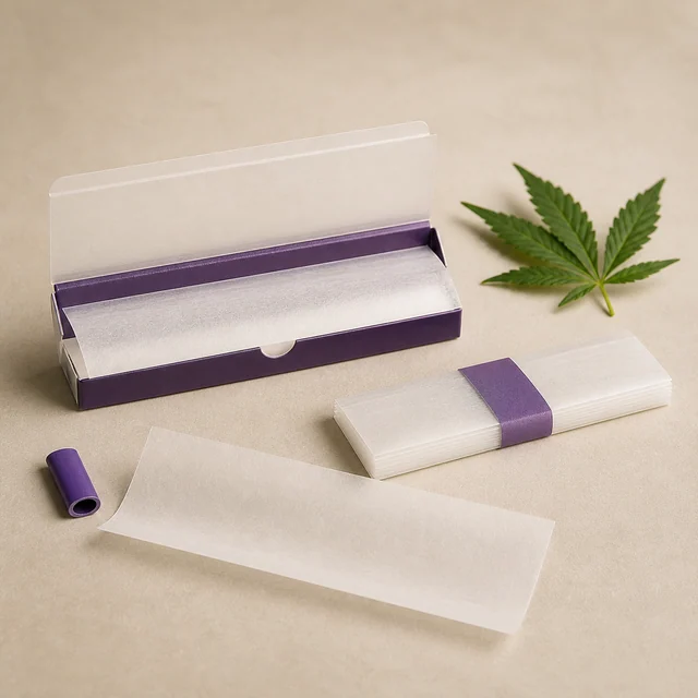 Papeles translúcidos para liar, con estuche morado abierto, un bloque de hojas y una hoja extendida junto a una hoja de cannabis. Papeles translúcidos para liar, con estuche morado abierto, un bloque de hojas y una hoja extendida junto a una hoja de cannabis.