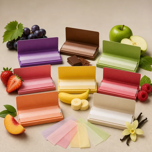 Siete librillos abiertos de papel de liar de distintos colores, rodeados de frutas, chocolate y vainilla, con hojas sueltas delante. Siete librillos abiertos de papel de liar de distintos colores, rodeados de frutas, chocolate y vainilla, con hojas sueltas delante.