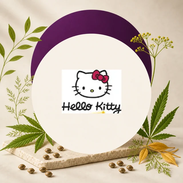 Logotipo de Hello Kitty con lazo rosa en un círculo claro, rodeado de hojas de cannabis, semillas y ramas decorativas.