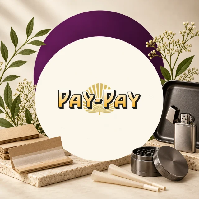 Logotipo Pay-Pay junto a librillos de papel de liar, dos conos de papel, un triturador metálico, un encendedor y una bandeja. Logotipo Pay-Pay junto a librillos de papel de liar, dos conos de papel, un triturador metálico, un encendedor y una bandeja.