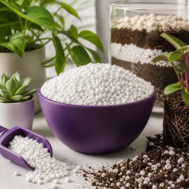 Cuenco morado lleno de perlita blanca, con una pala volcada al lado y una planta con raíces expuestas sobre sustrato mezclado. Cuenco morado lleno de perlita blanca, con una pala volcada al lado y una planta con raíces expuestas sobre sustrato mezclado.