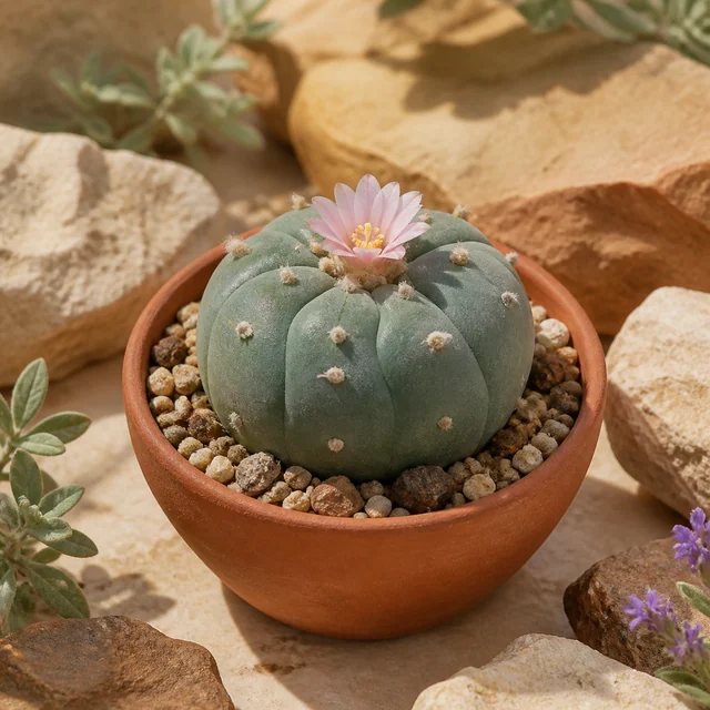 Peyote redondeado de color verde grisáceo con una flor rosa, en una maceta de terracota con grava y rodeado de rocas.