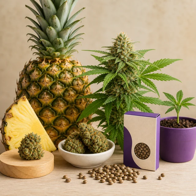 Piña entera y cortada junto a una planta de cannabis, cogollos, semillas y una caja beige y morada con ventana circular. Piña entera y cortada junto a una planta de cannabis, cogollos, semillas y una caja beige y morada con ventana circular.