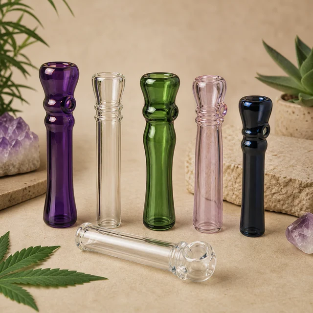 Selección de seis pipas chillum de vidrio: cinco verticales en violeta, transparente, verde, rosa y oscuro, y otra transparente tumbada. Selección de seis pipas chillum de vidrio: cinco verticales en violeta, transparente, verde, rosa y oscuro, y otra transparente tumbada.