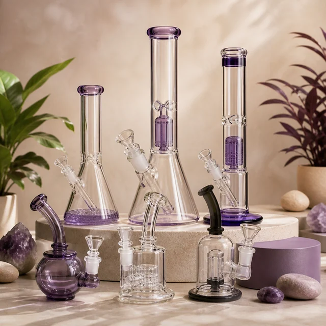 Selección de pipas de agua altas y bubblers compactos de vidrio transparente, con detalles morados y negros sobre plataformas. Selección de pipas de agua altas y bubblers compactos de vidrio transparente, con detalles morados y negros sobre plataformas.