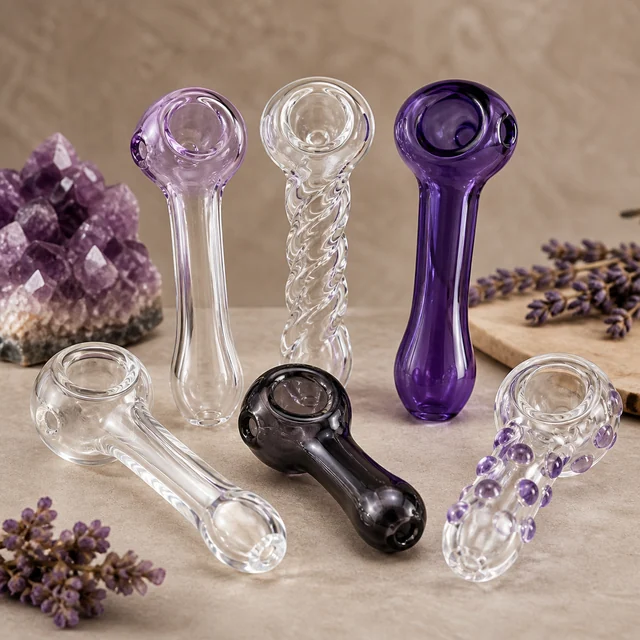 Seis pipas de cristal transparentes, violetas y negra, con diseños lisos, retorcidos y con relieves, sobre una superficie beige. Seis pipas de cristal transparentes, violetas y negra, con diseños lisos, retorcidos y con relieves, sobre una superficie beige.