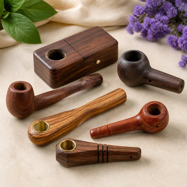Selección de pipas de madera de distintas formas y tonos, algunas con cazoleta metálica, junto a una caja rectangular. Selección de pipas de madera de distintas formas y tonos, algunas con cazoleta metálica, junto a una caja rectangular.