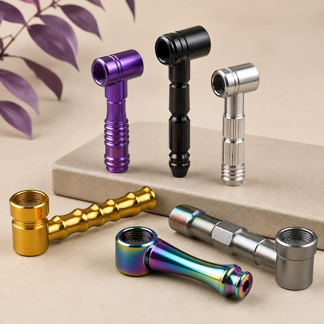 Selección de seis pipas metálicas con distintos relieves y acabados morado, negro, plateado, dorado y multicolor sobre una base beige.