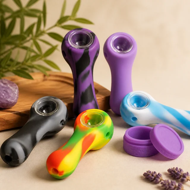 Cinco pipas de distintos colores con cazoletas transparentes, junto a un pequeño recipiente morado abierto sobre una mesa.