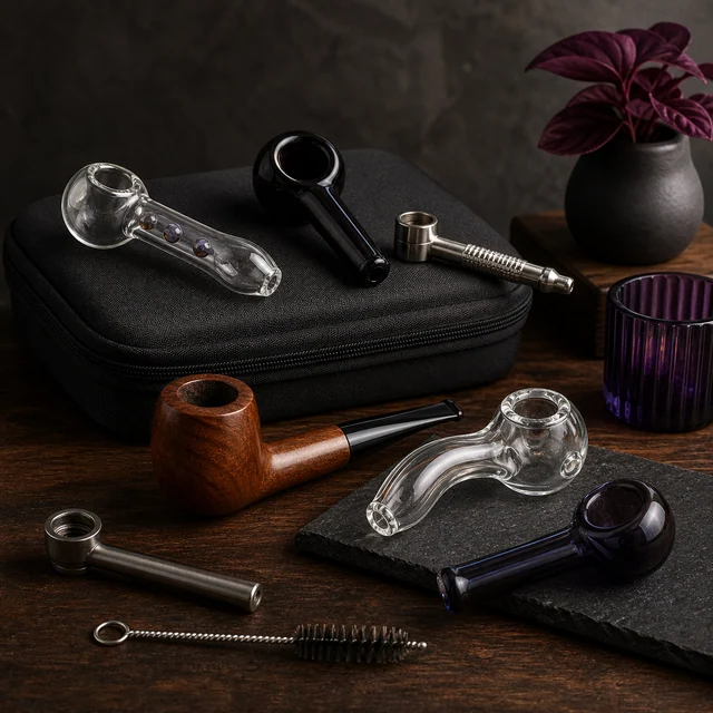 Selección de pipas transparentes, negras, metálicas y de madera, dispuestas junto a un estuche negro y un cepillo de limpieza.