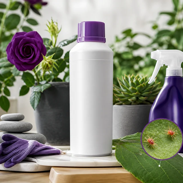 Bote blanco sin etiqueta y pulverizador morado entre plantas, con un detalle circular de dos ácaros rojizos sobre una hoja.