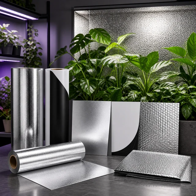 Selección de rollos y láminas reflectantes plateadas, lisas y texturizadas, junto a una lámina blanca y negra, con plantas al fondo. Selección de rollos y láminas reflectantes plateadas, lisas y texturizadas, junto a una lámina blanca y negra, con plantas al fondo.