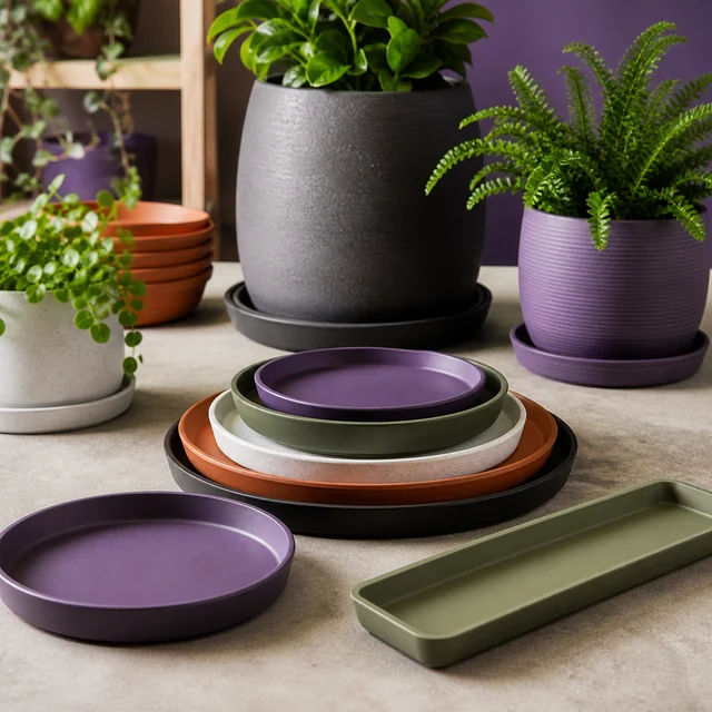 Platos redondos para macetas apilados en varios colores y una bandeja rectangular verde, con plantas en macetas al fondo.