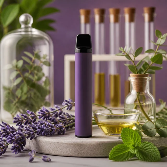 Vapeador morado con boquilla negra sobre una base redonda, junto a lavanda, hojas verdes y recipientes con líquido amarillo. Vapeador morado con boquilla negra sobre una base redonda, junto a lavanda, hojas verdes y recipientes con líquido amarillo.