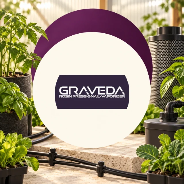 Logotipo de Graveda en un círculo crema con arco morado, entre plantas en macetas, tubos de riego y un filtro cilíndrico. Logotipo de Graveda en un círculo crema con arco morado, entre plantas en macetas, tubos de riego y un filtro cilíndrico.