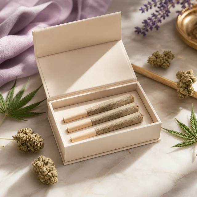 Caja crema abierta con tres porros de boquilla clara, rodeada de cogollos, hojas de cannabis y flores moradas sobre una mesa. Caja crema abierta con tres porros de boquilla clara, rodeada de cogollos, hojas de cannabis y flores moradas sobre una mesa.