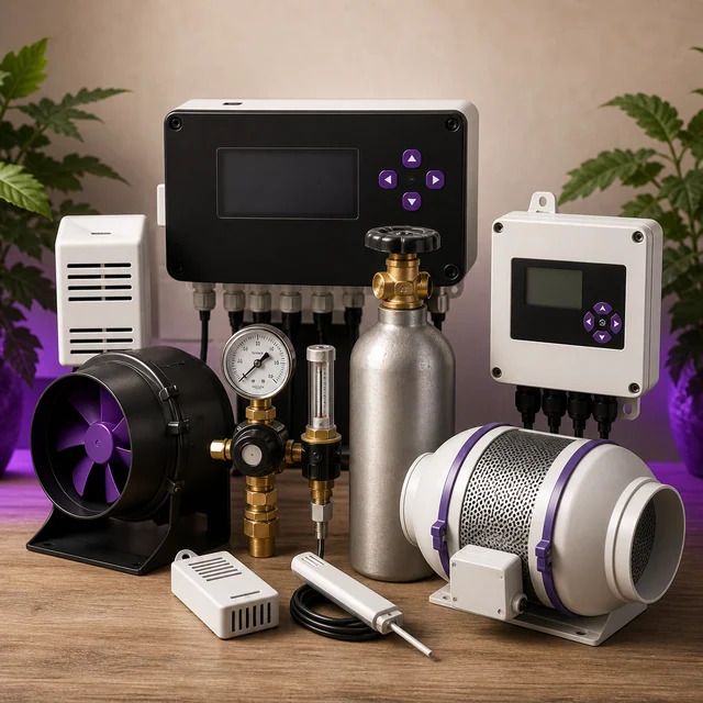 Controladores con pantallas y botones, botella con manómetro, ventiladores y sensores sobre una mesa entre plantas. Controladores con pantallas y botones, botella con manómetro, ventiladores y sensores sobre una mesa entre plantas.