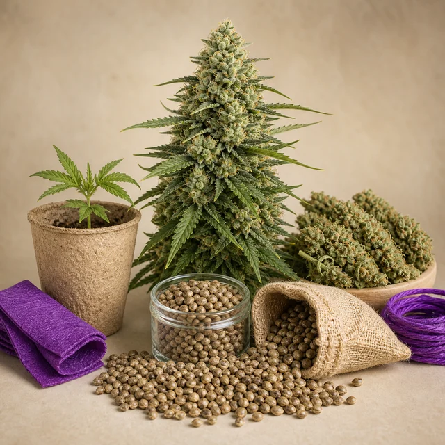 Semillas en un tarro y un saco volcado, junto a una planta de cannabis con cogollos, una plántula en maceta y cogollos cortados. Semillas en un tarro y un saco volcado, junto a una planta de cannabis con cogollos, una plántula en maceta y cogollos cortados.