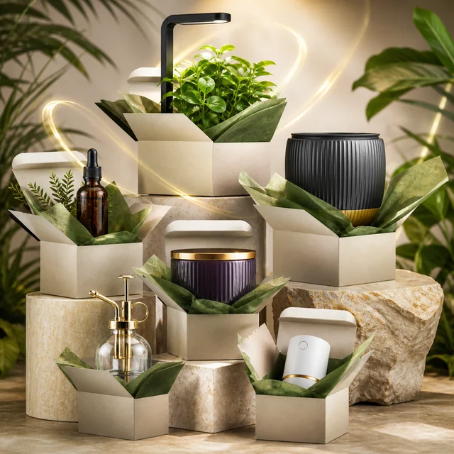 Selección de accesorios y recipientes en cajas abiertas con papel verde, junto a una planta bajo una lámpara y un pulverizador. Selección de accesorios y recipientes en cajas abiertas con papel verde, junto a una planta bajo una lámpara y un pulverizador.