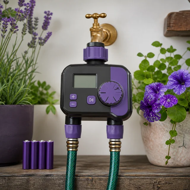 Programador de riego negro y morado con pantalla, dial y dos mangueras conectado a un grifo, con pilas al lado y plantas alrededor. Programador de riego negro y morado con pantalla, dial y dos mangueras conectado a un grifo, con pilas al lado y plantas alrededor.