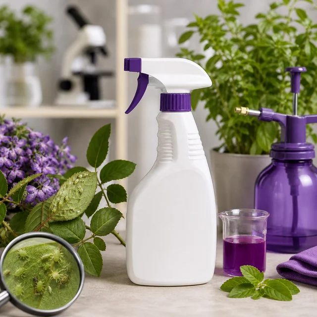 Pulverizador blanco con gatillo morado junto a hojas con pulgones, una lupa, un vaso con líquido morado y otro pulverizador. Pulverizador blanco con gatillo morado junto a hojas con pulgones, una lupa, un vaso con líquido morado y otro pulverizador.