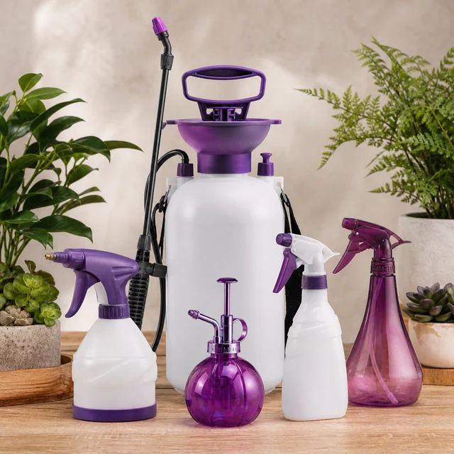 Selección de pulverizadores blancos y morados, con modelos de gatillo, bomba manual y depósito con manguera y lanza, sobre una mesa.