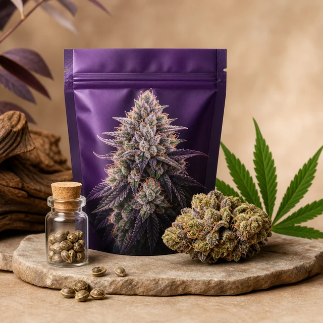 Bolsa morada con una ilustración de cannabis, junto a un frasco con semillas, semillas sueltas y un cogollo sobre una base de piedra. Bolsa morada con una ilustración de cannabis, junto a un frasco con semillas, semillas sueltas y un cogollo sobre una base de piedra.