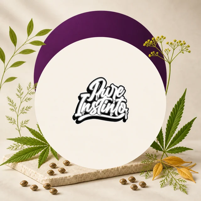 Logotipo de Pure Instinto en un círculo crema con un arco morado detrás, rodeado de hojas de cannabis, ramas y semillas. Logotipo de Pure Instinto en un círculo crema con un arco morado detrás, rodeado de hojas de cannabis, ramas y semillas.